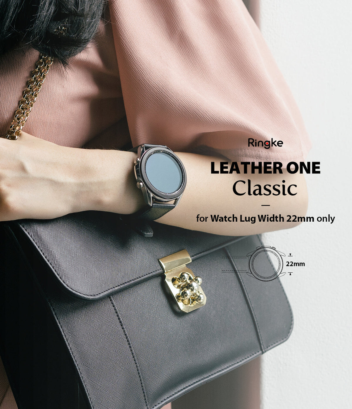 Watch Lug 22mm | Leather One Classic Band - Person wearing a black leather watch band with a 22mm lug width.