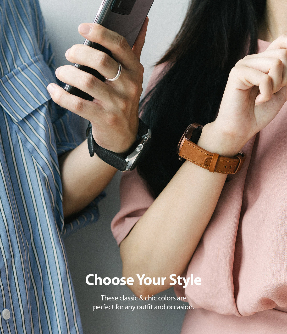 Watch Lug 22mm | Leather One Classic Band - Two people wearing watches with black and tan leather bands on their wrists.