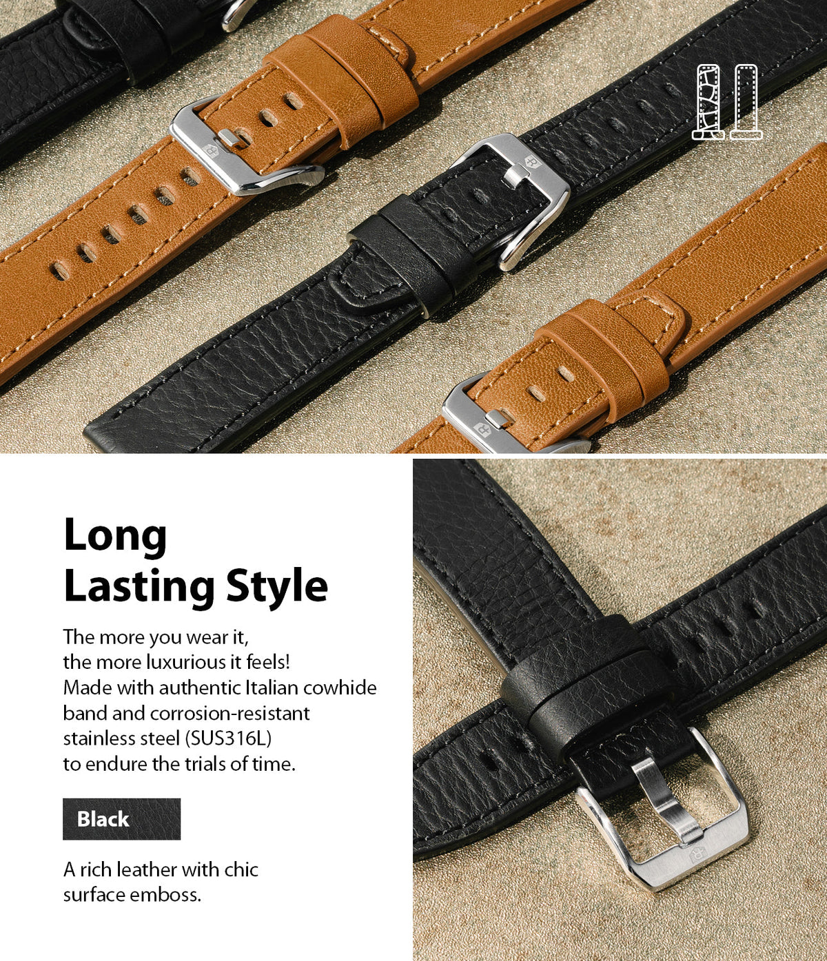 Watch Lug 22mm | Leather One Classic Band - Black and tan textured leather watch straps with silver stainless steel buckles.
