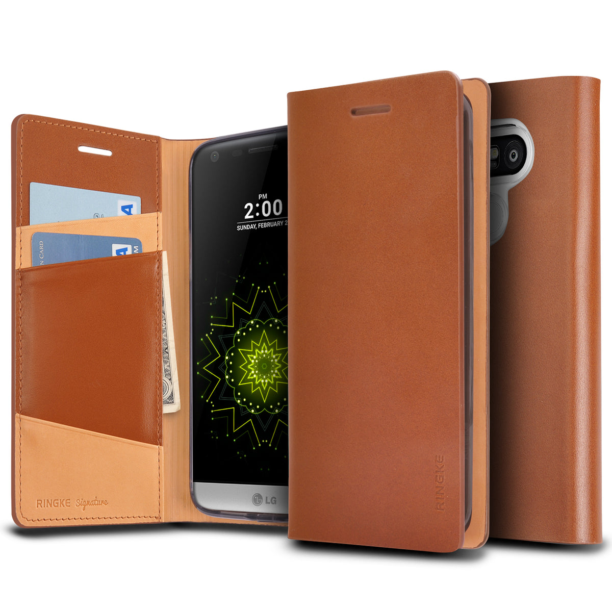 LG G5 Case | Signature - Brown - Brown leather wallet case for LG G5 with card slots, cash pocket, and phone display.