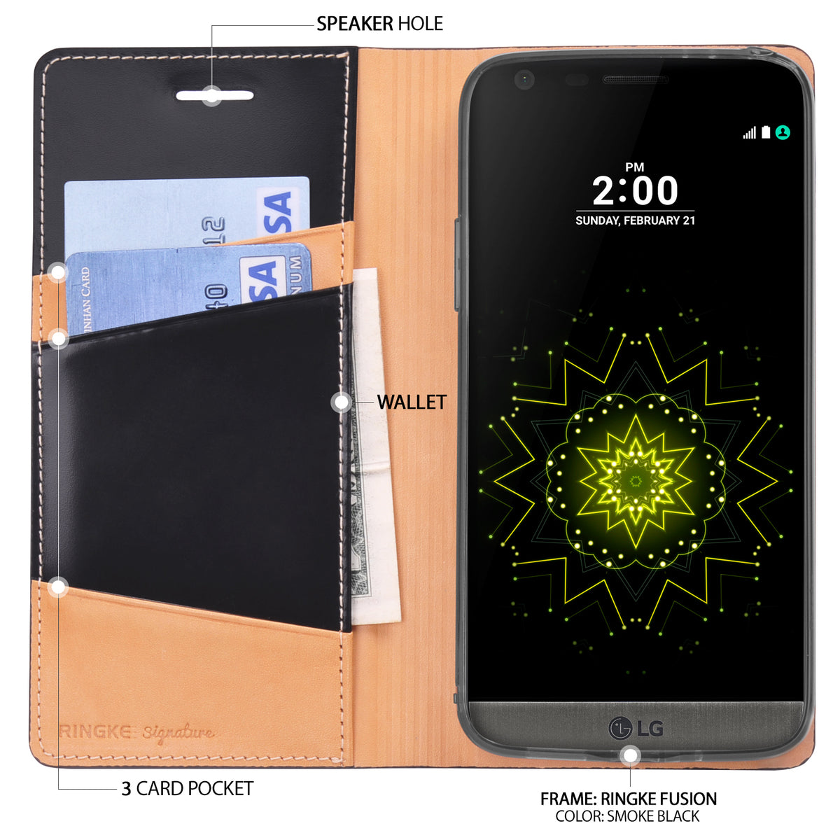 LG G5 Case | Signature - Brown - Brown leather wallet case for LG G5 with card slots, cash pocket, and smoke black phone frame.