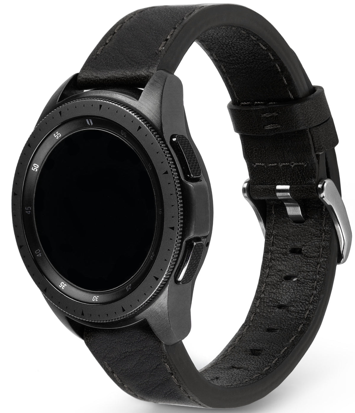 Watch Lug 22mm | Leather One Classic Band - Black smartwatch with a textured leather strap and silver buckle.