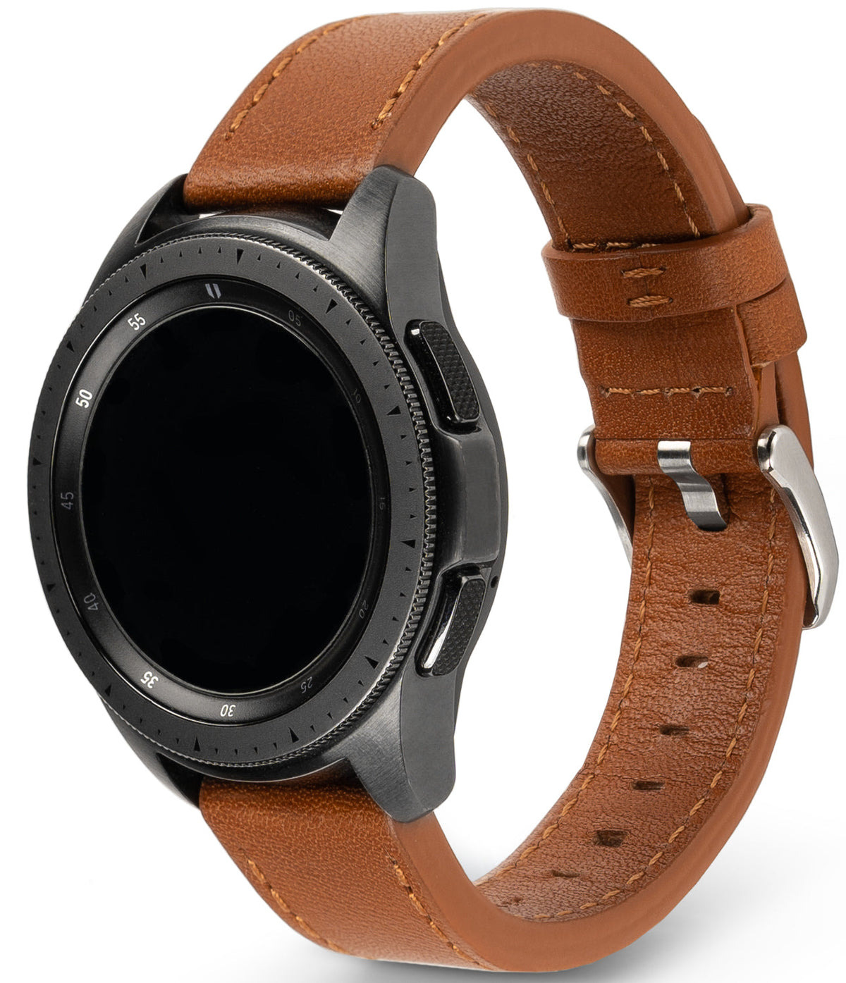 Watch Lug 22mm | Leather One Classic Band - Black smartwatch with a textured brown leather strap and silver buckle.