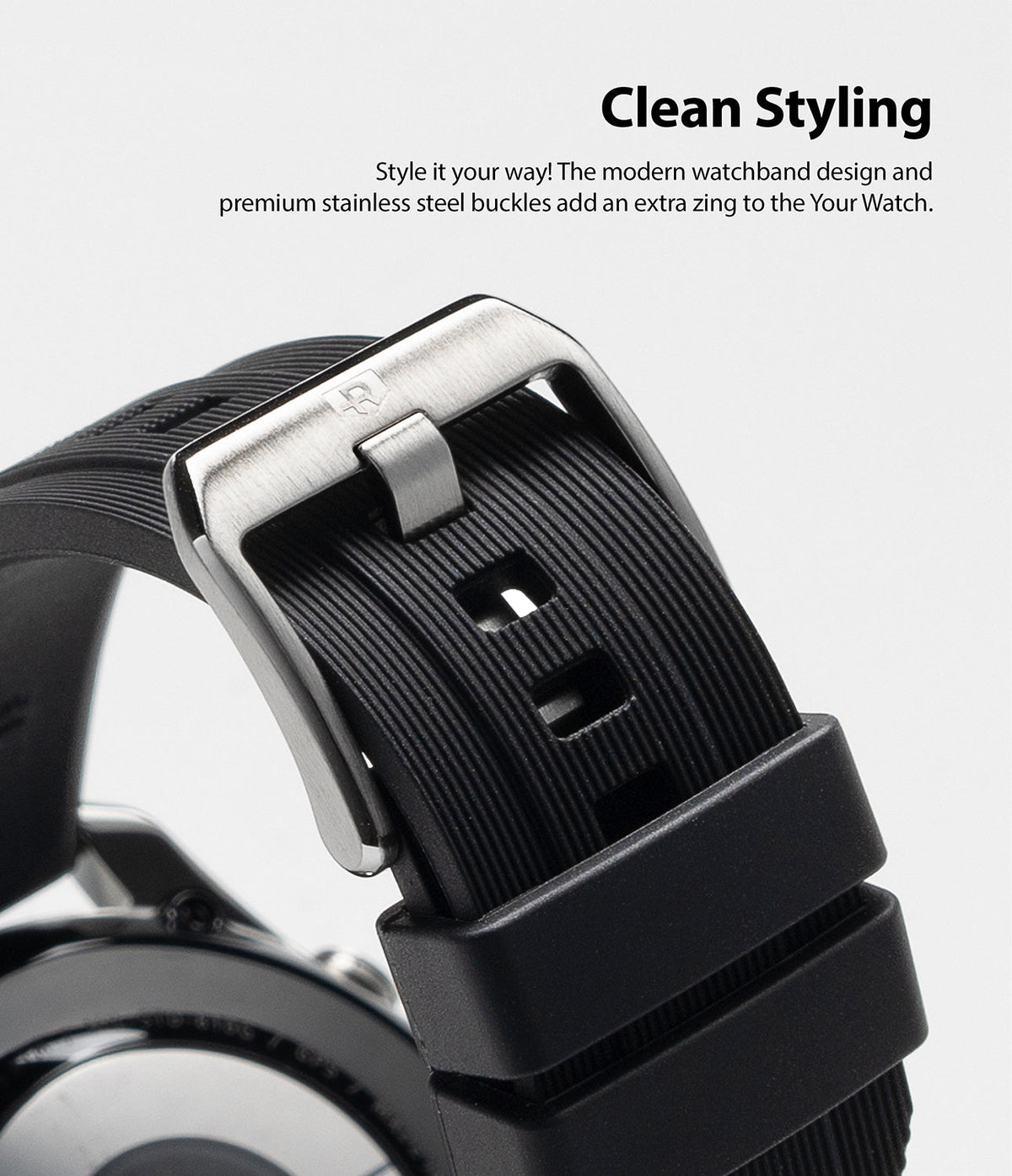 Watch Lug 20mm | Rubber One Band - Close-up of a black ribbed rubber watch strap with a brushed stainless steel buckle.