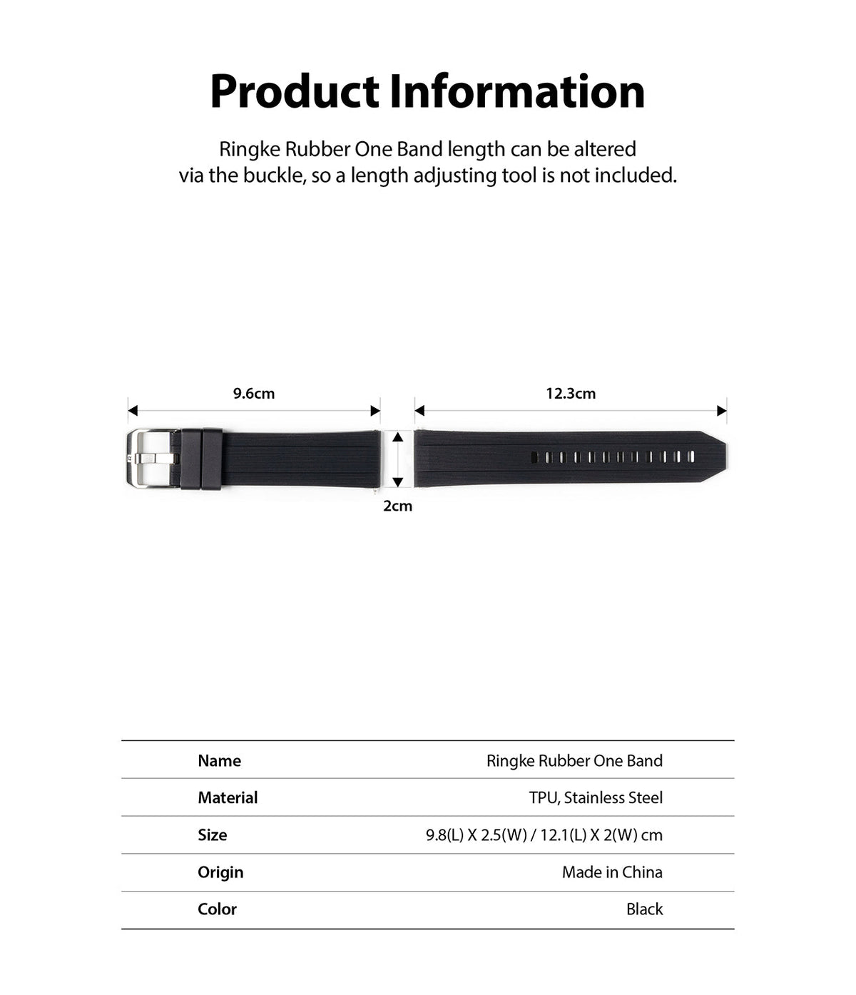 Watch Lug 20mm | Rubber One Band - Technical diagram of a black watch strap with dimensions and a product information table.