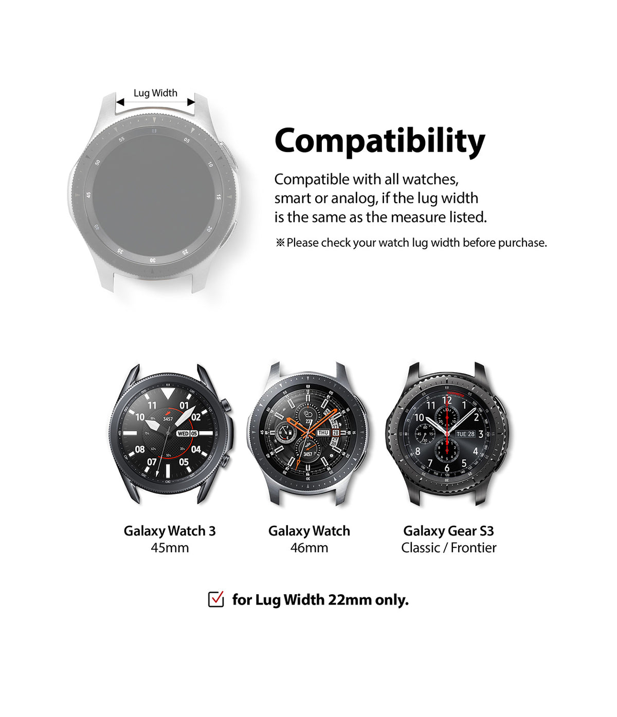 Watch Lug 22mm | Rubber One Band - Diagram showing 22mm lug width compatibility for Galaxy Watch 3, Watch 46mm, and Gear S3.