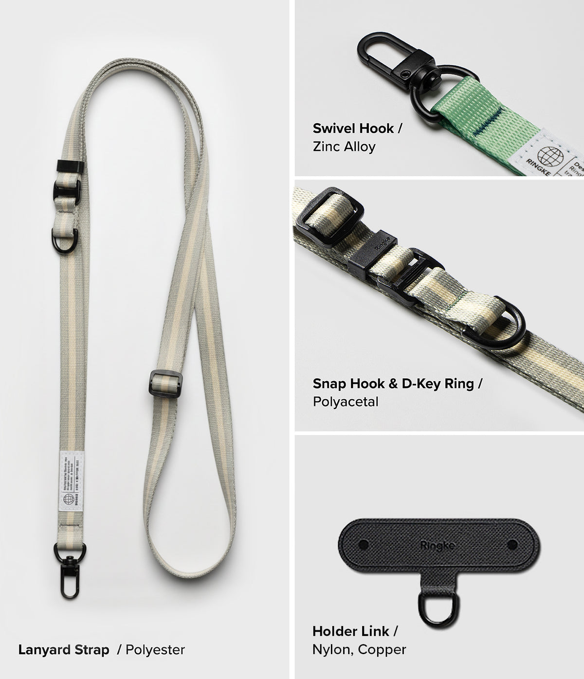 Holder Link & Snap Hook Lanyard Strap - Striped green polyester lanyard with zinc alloy swivel hook and nylon link.