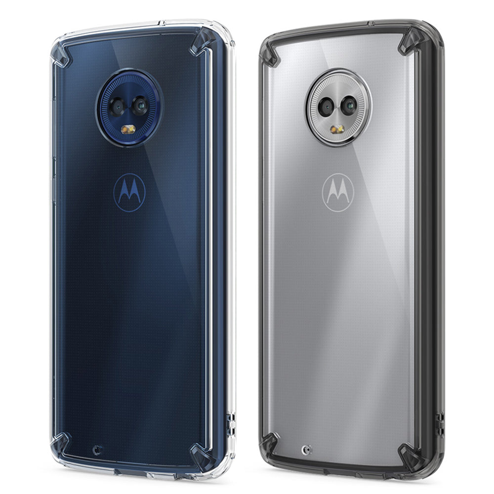 Moto G6 Case | Fusion - Two Moto G6 phones in clear and smoke-colored protective cases, showing rear camera and logo.
