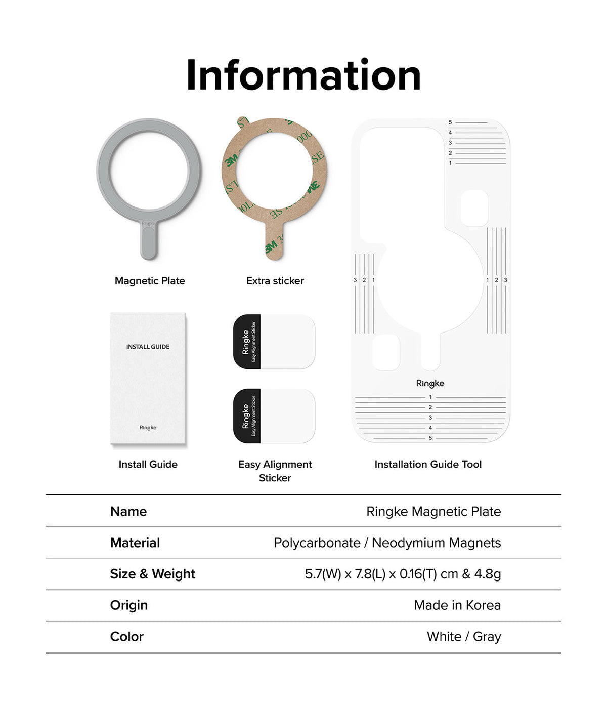 Ringke Magnetic Plate - Components including magnetic plate, extra sticker, install guide, alignment stickers, and tool.