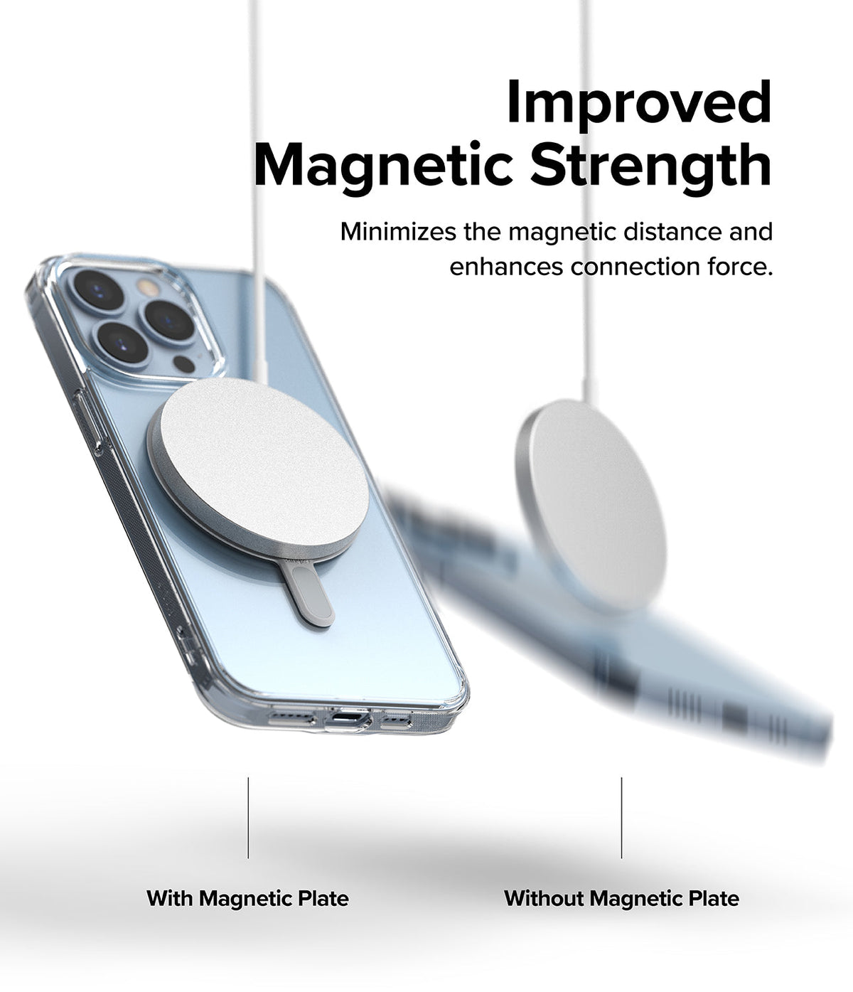 Ringke Magnetic Plate - A phone with a magnetic plate securely attached to a charger versus one falling off without it.
