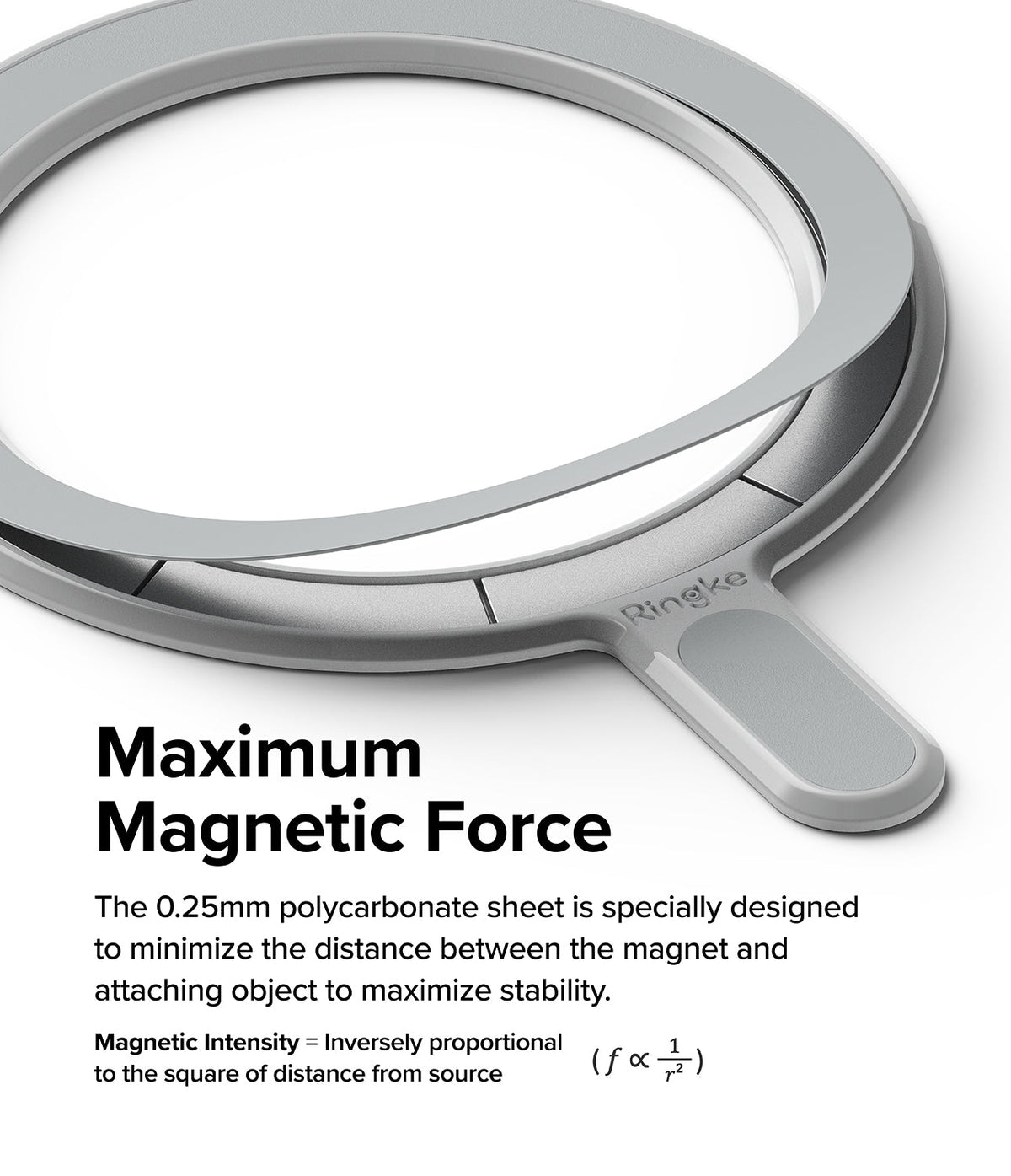 Ringke Magnetic Plate - A thin, grey magnetic ring with a tab, highlighting its slim 0.25mm design for maximum force.
