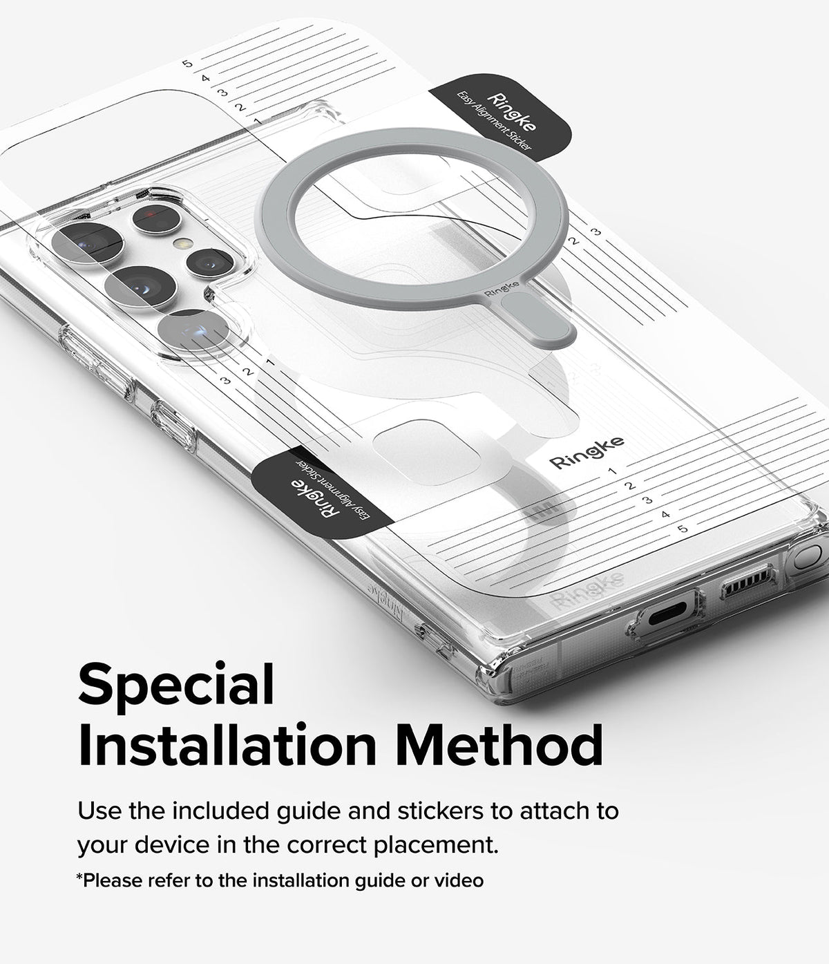 Ringke Magnetic Plate - A clear phone case with a gray magnetic ring being aligned using a printed installation guide.