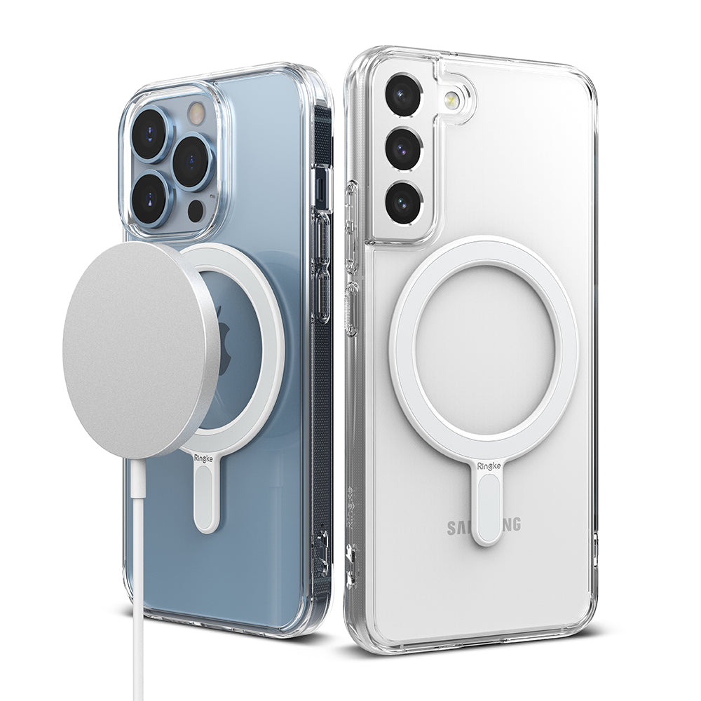 Ringke Magnetic Plate - Two clear phone cases with white magnetic charging rings attached to the back.