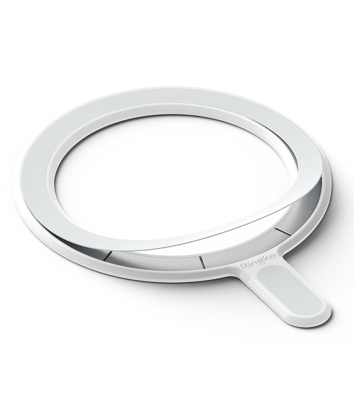 Ringke Magnetic Plate - White circular magnetic ring with an adhesive backing partially peeled off and a small handle.