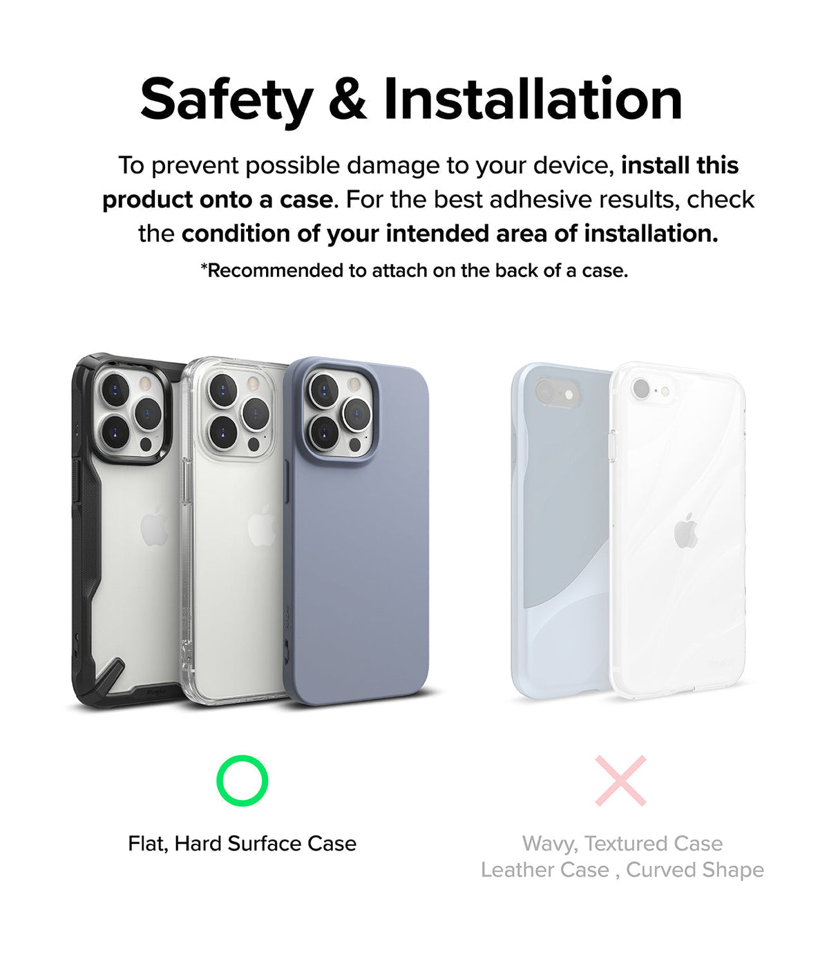 Ringke Magnetic Plate - Infographic showing flat phone cases are suitable for installation, while textured cases are not.