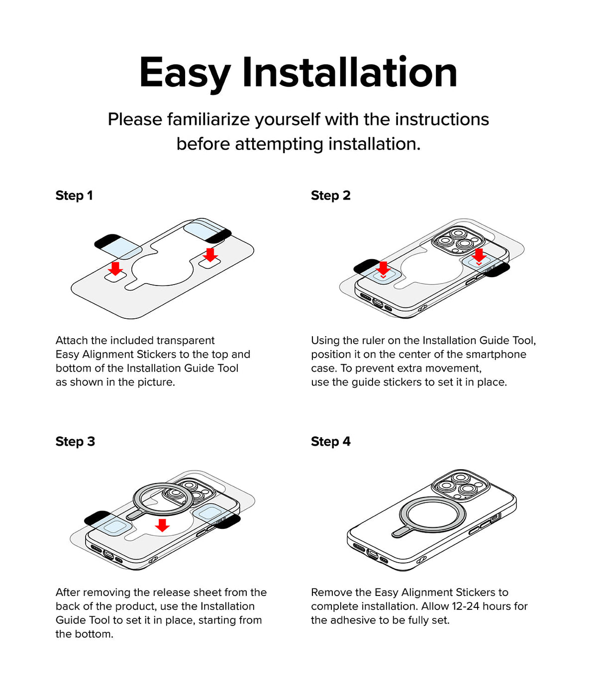 Ringke Magnetic Plate - Four-step infographic showing how to install a magnetic ring onto a smartphone case using a guide tool.