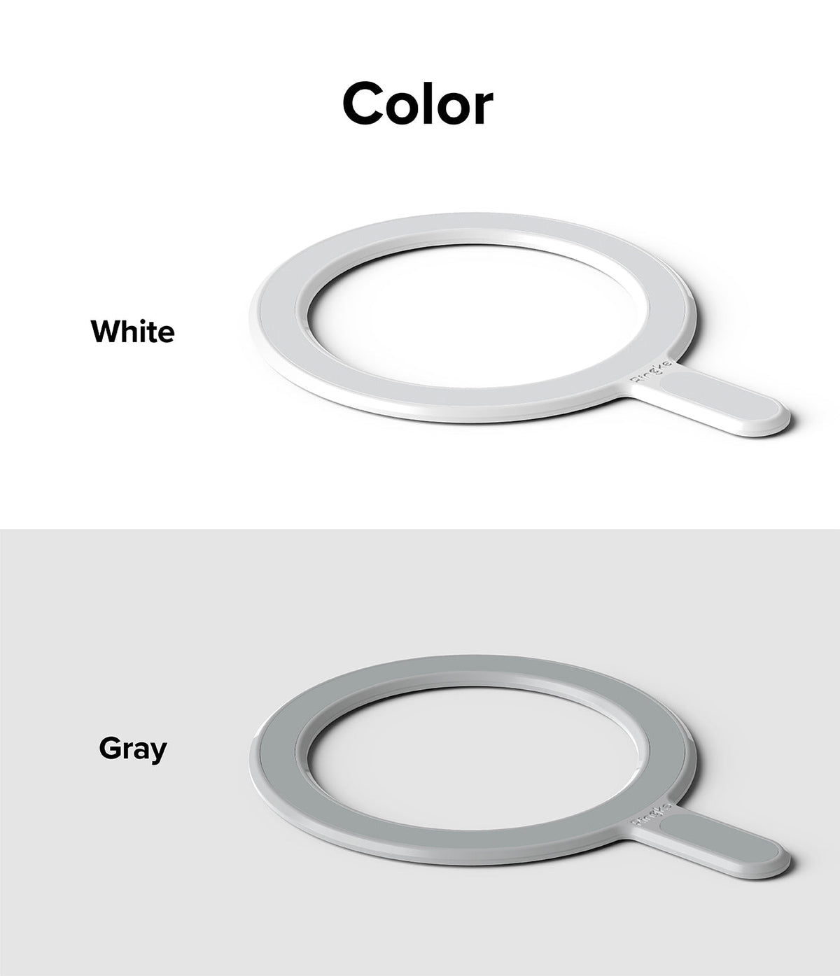 Ringke Magnetic Plate - Two circular magnetic rings with tabs, shown in white and gray color options against a split background.