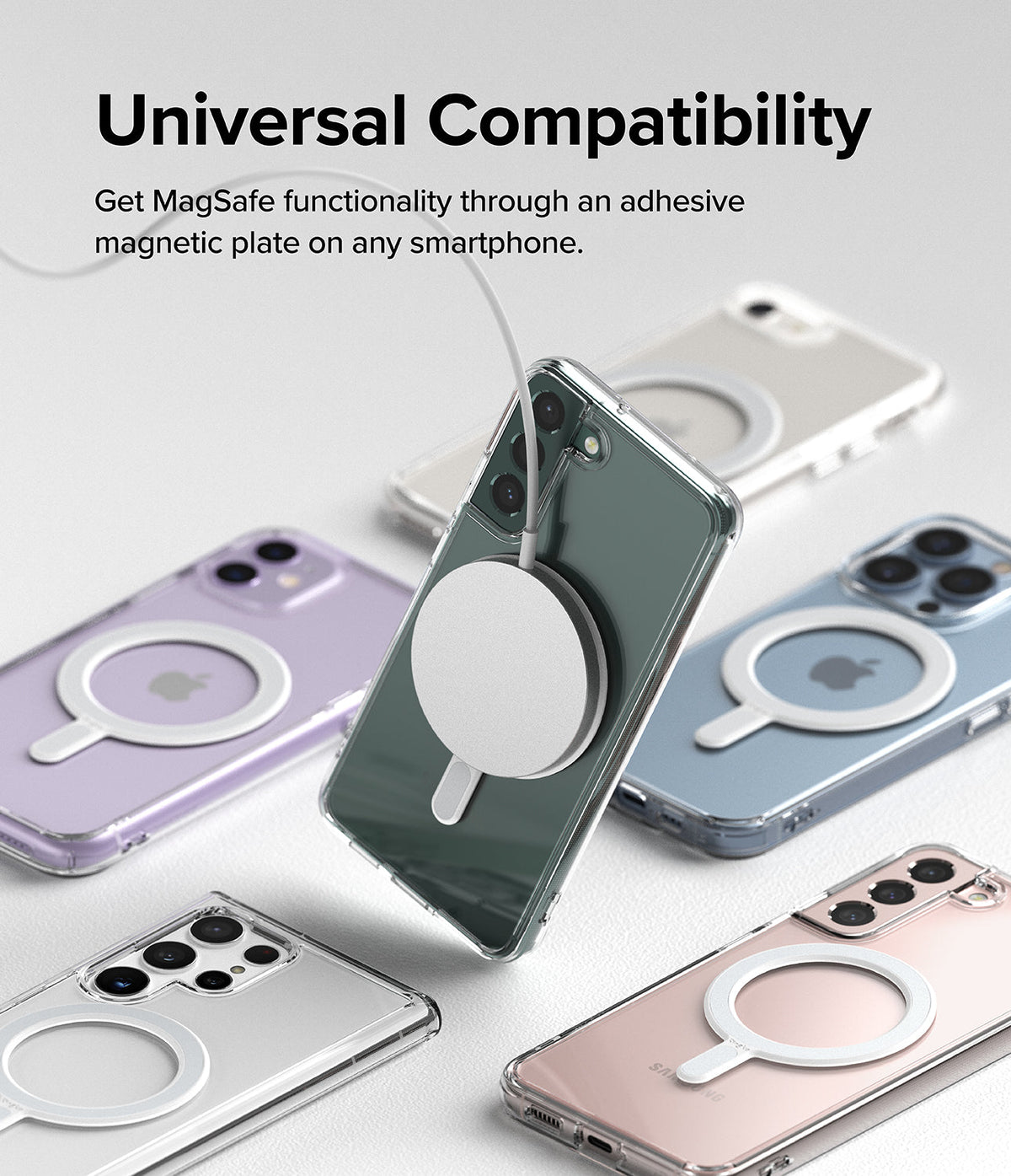 Ringke Magnetic Plate - Multiple smartphones with clear cases and white adhesive magnetic rings attached for MagSafe compatibility.