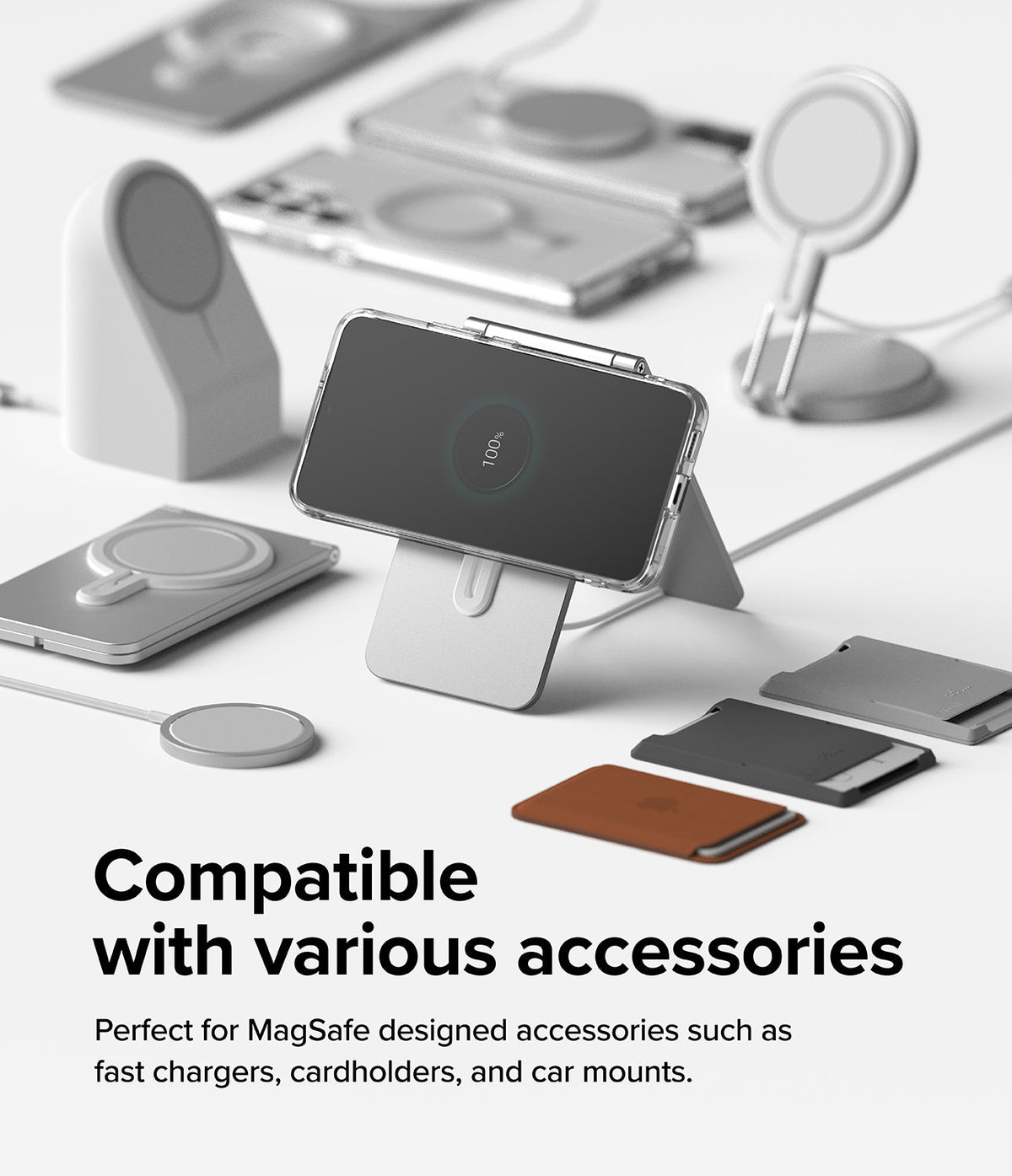 Ringke Magnetic Plate - Smartphone charging on a stand surrounded by various MagSafe chargers, mounts, and cardholders.