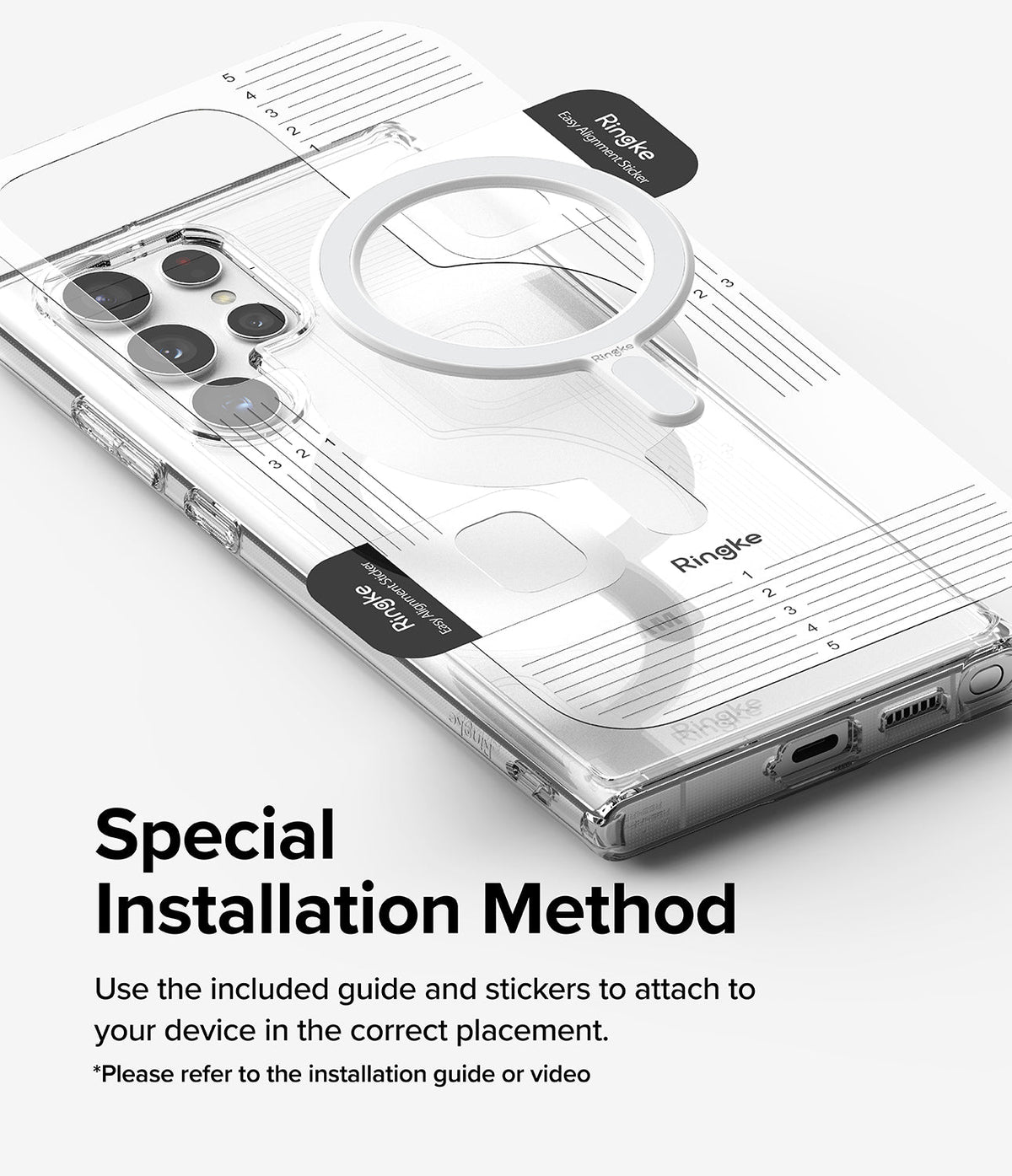 Ringke Magnetic Plate - A clear phone case with a magnetic ring being installed using an alignment guide and stickers.