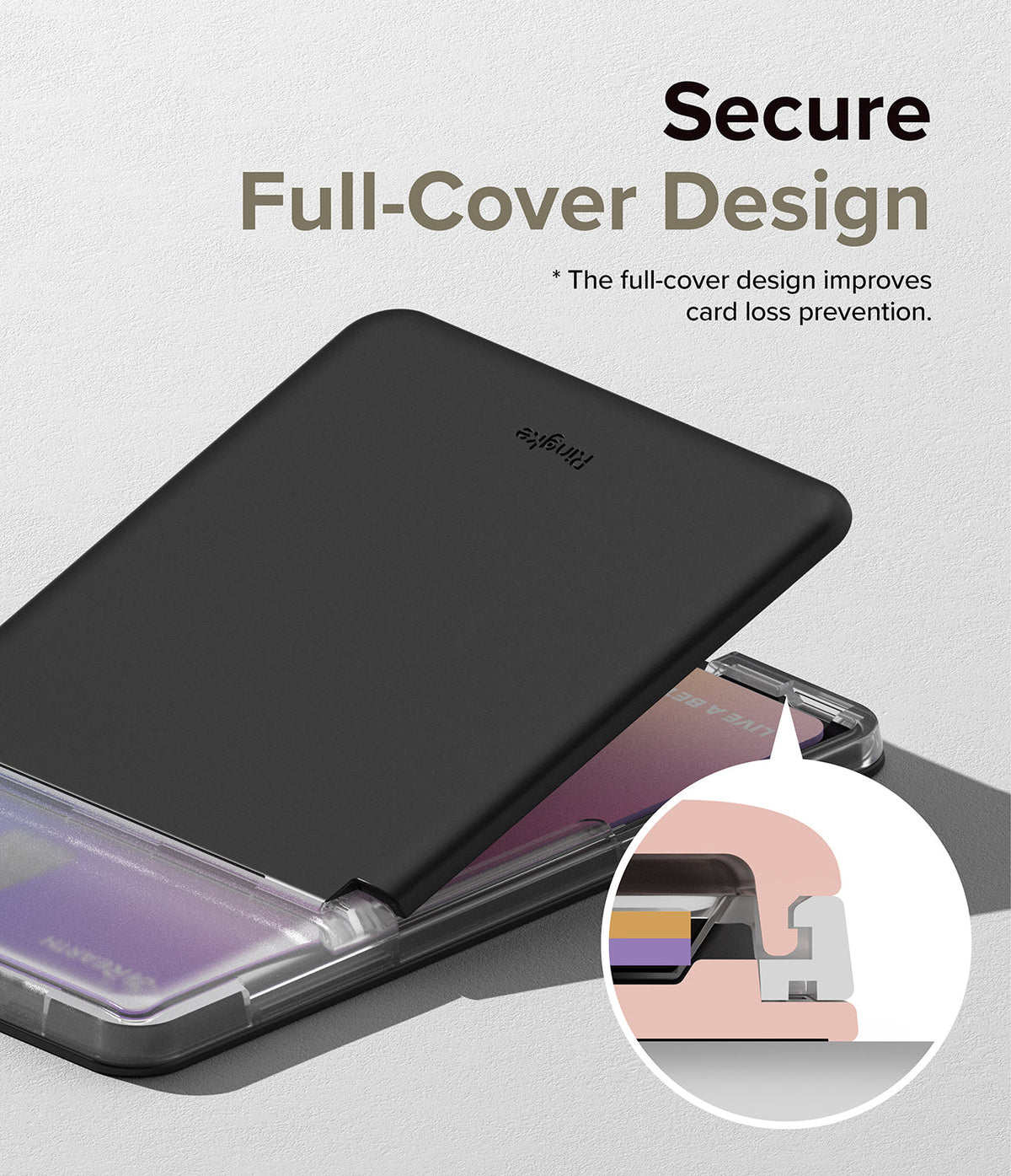 Card Holder | Magnetic Stand Slot - Black magnetic card holder with a full-cover design and a diagram showing secure locking.