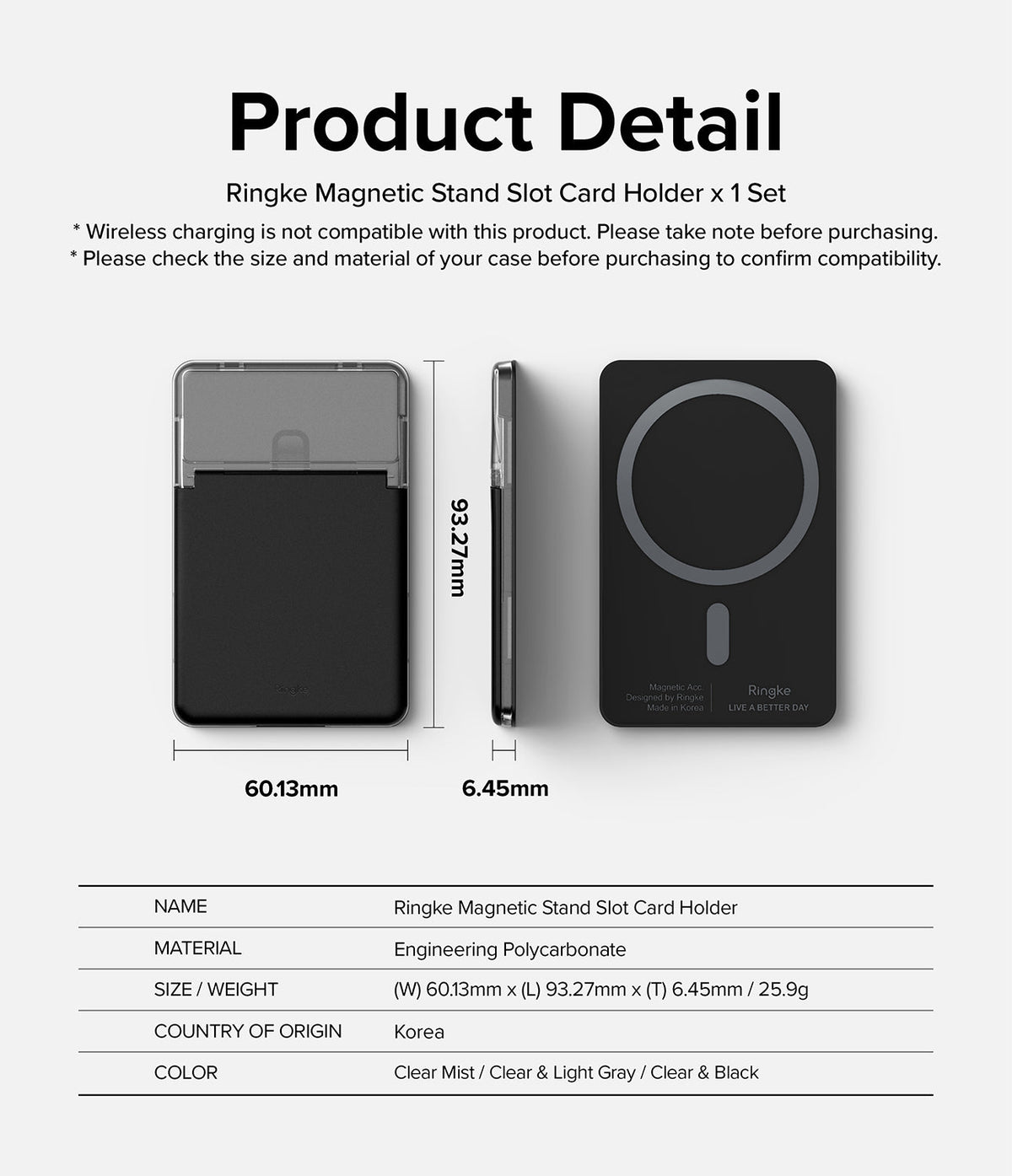 Card Holder | Magnetic Stand Slot - Technical diagram showing dimensions and features of the Ringke magnetic card holder.