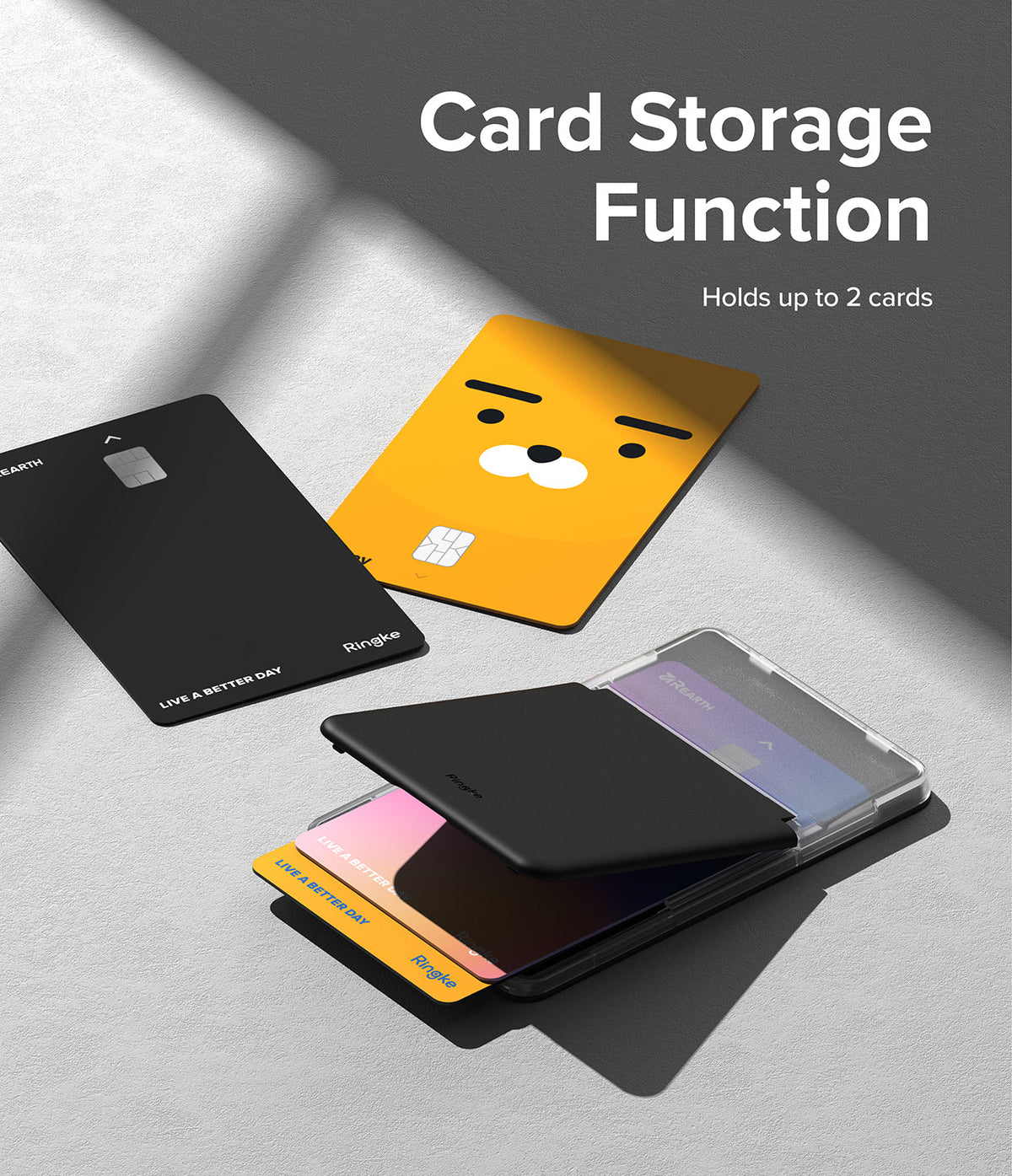 Card Holder | Magnetic Stand Slot - A black magnetic card holder storing two cards, with two additional cards displayed nearby.