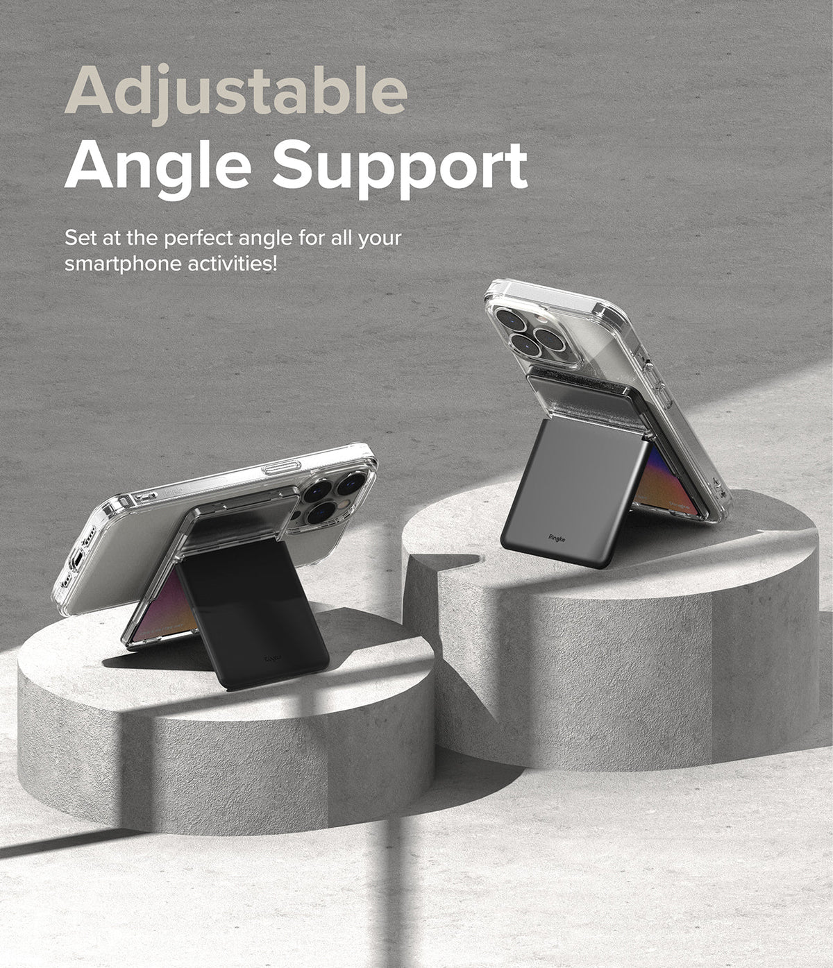 Card Holder | Magnetic Stand Slot - Two smartphones in clear cases propped up on concrete pedestals using black magnetic stands.
