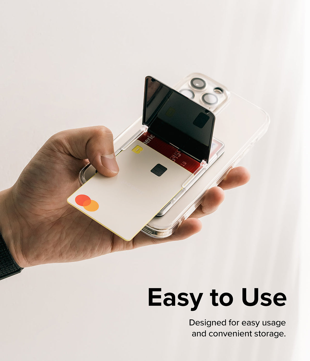 Card Holder | Magnetic Stand Slot - Hand holding a phone with a magnetic card holder stand, showing a credit card being inserted.