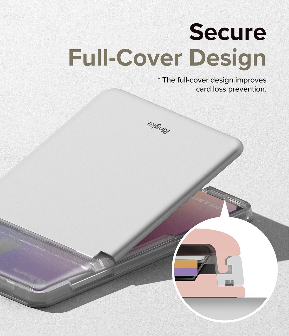 Card Holder | Magnetic Stand Slot - A silver magnetic card holder with a full-cover design and a diagram showing its secure latch.