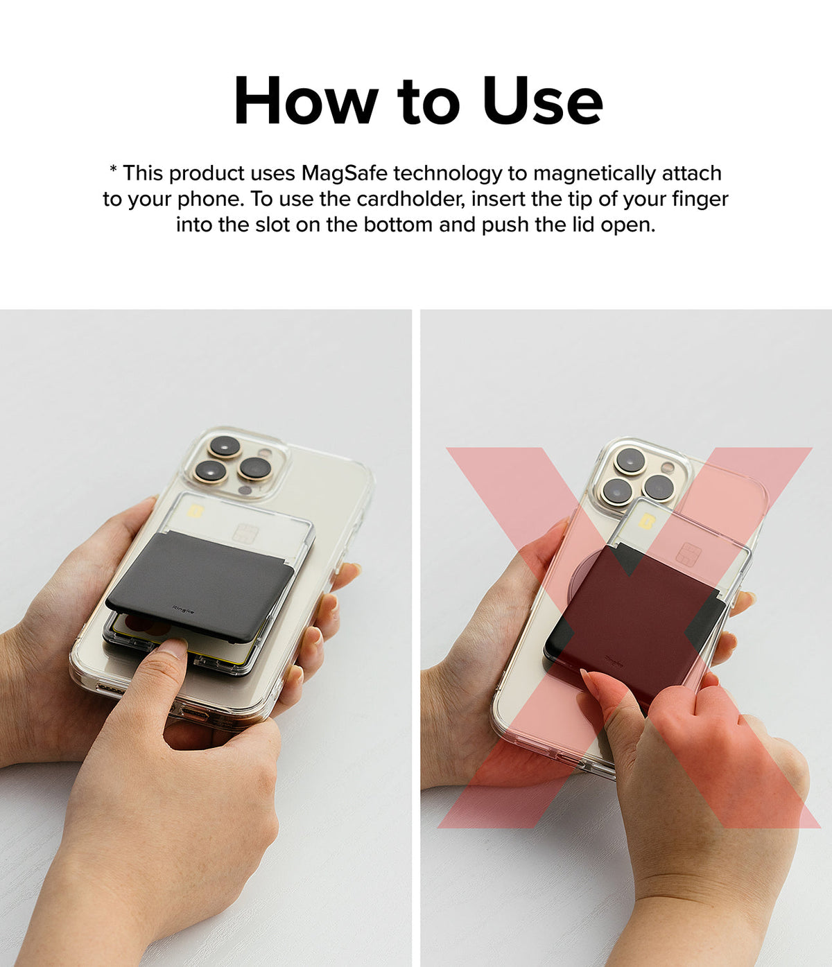 Card Holder | Magnetic Stand Slot - Instructions showing how to open the magnetic card holder by pushing the bottom slot.