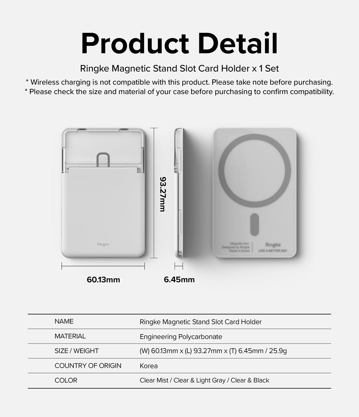 Card Holder | Magnetic Stand Slot - Technical diagram showing dimensions and features of the Ringke magnetic card holder.