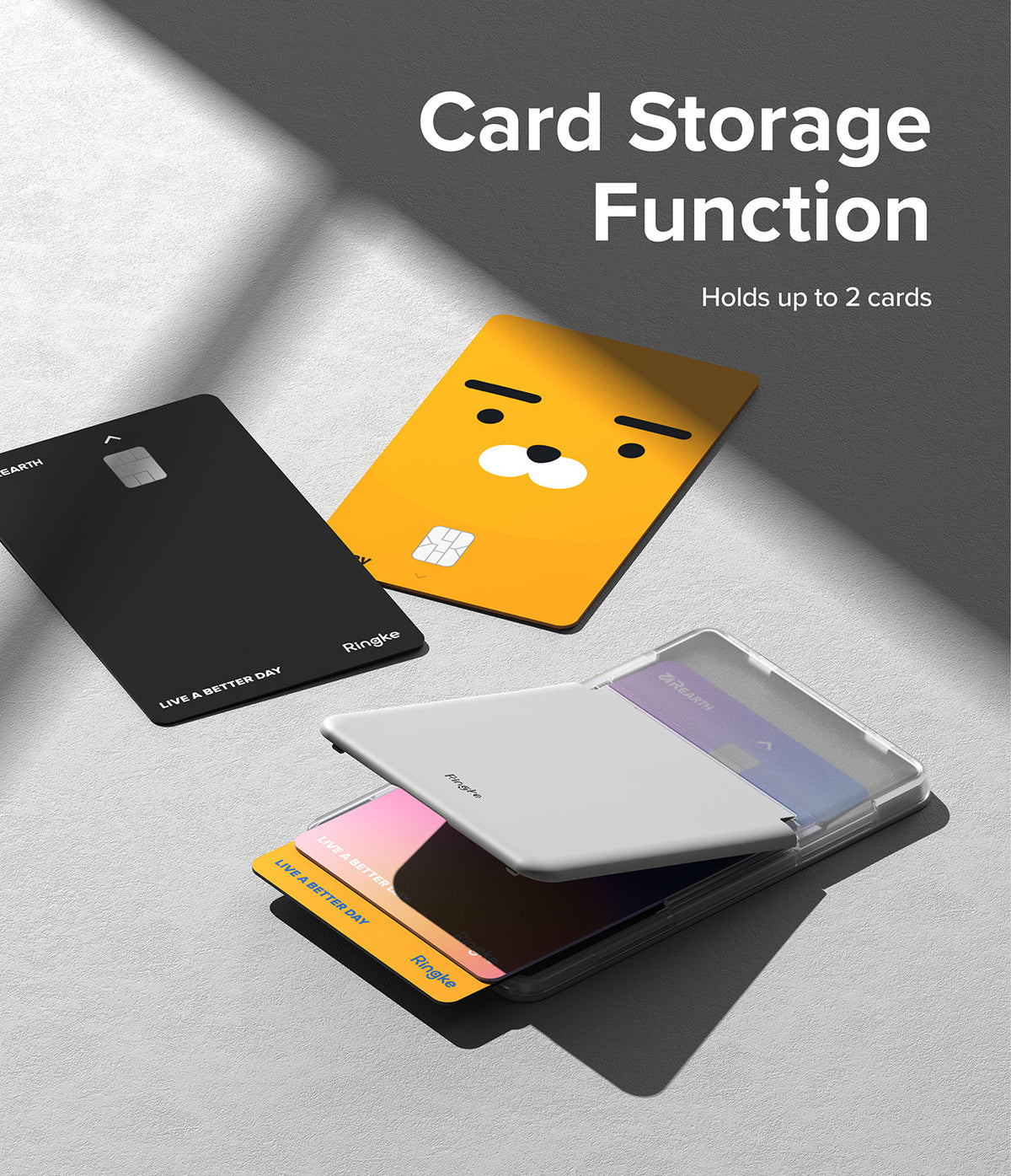 Card Holder | Magnetic Stand Slot - A magnetic card holder with a flip-out stand, shown holding two cards on a gray surface.