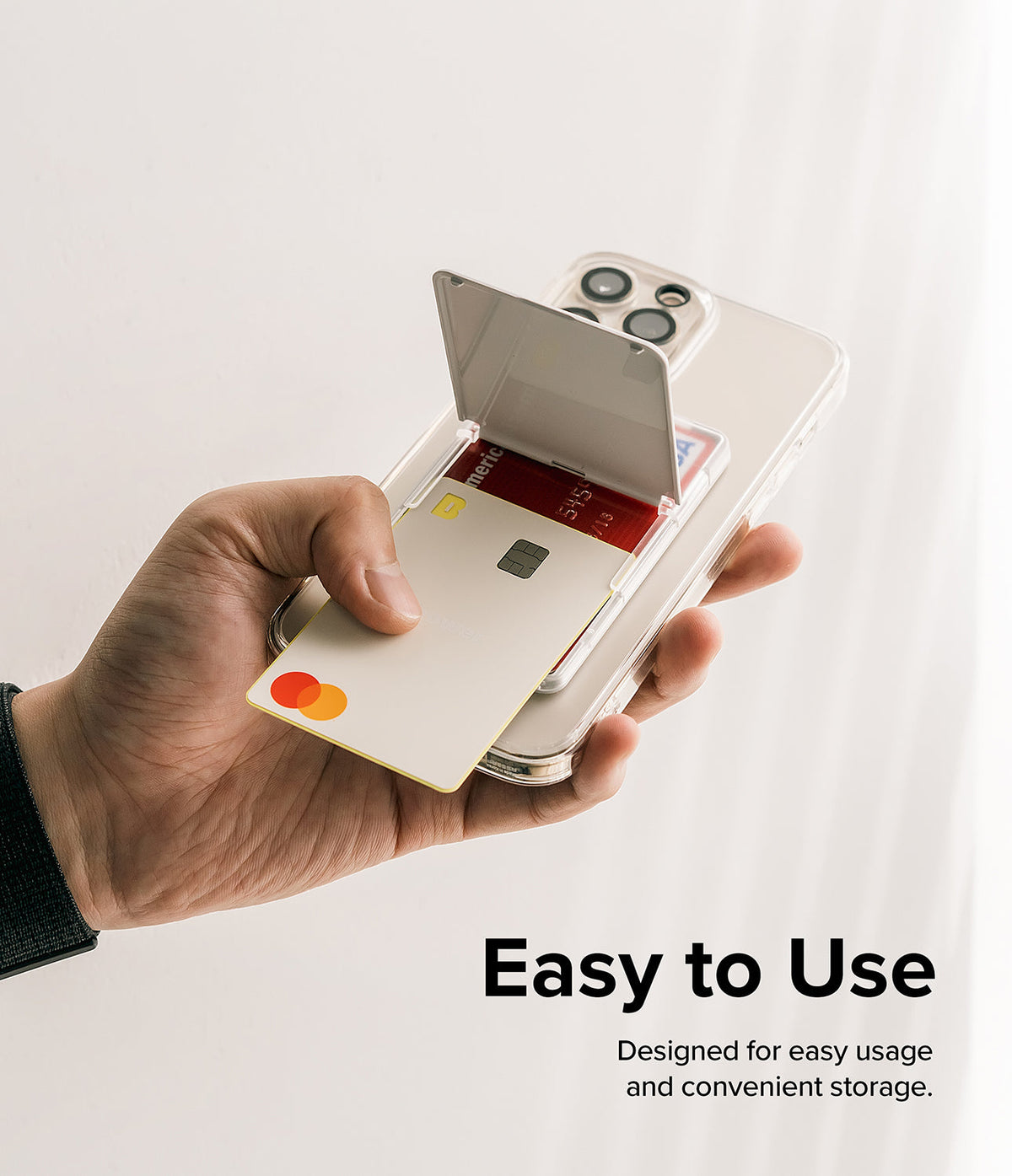 Card Holder | Magnetic Stand Slot - Hand holding a phone with a magnetic card holder stand open, revealing credit cards.