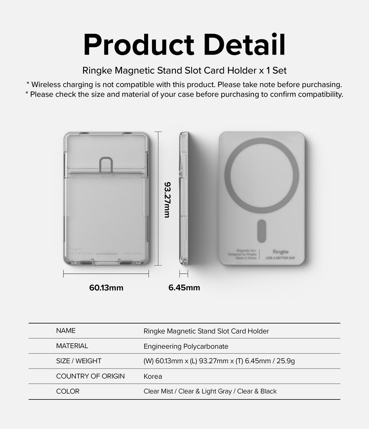 Card Holder | Magnetic Stand Slot - Technical diagram showing dimensions and specifications of the Ringke magnetic card holder.