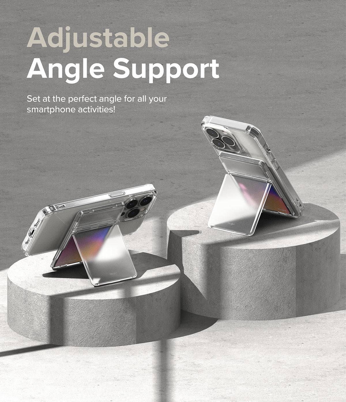 Card Holder | Magnetic Stand Slot - Two clear phone cases with magnetic stands propped up on concrete pedestals.