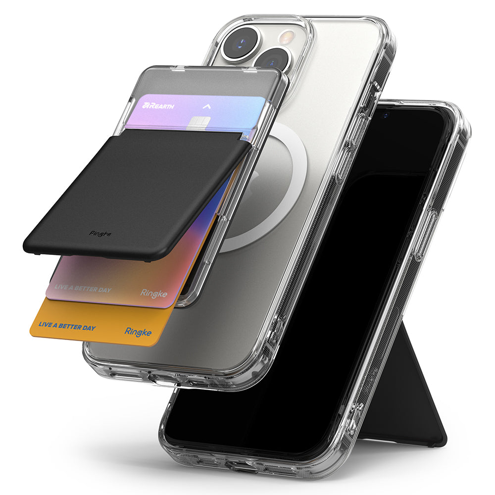 Card Holder | Magnetic Stand Slot - Black magnetic card holder attached to a clear phone case, displaying three cards.