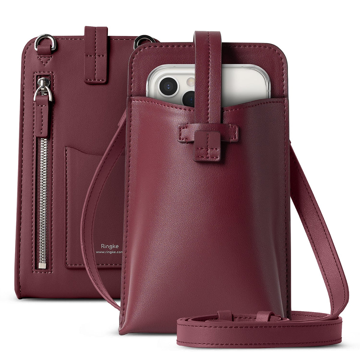 Mini Cross Bag | PU Leather - Burgundy PU leather crossbody phone bag with a strap, zipper pocket, and secure snap closure.