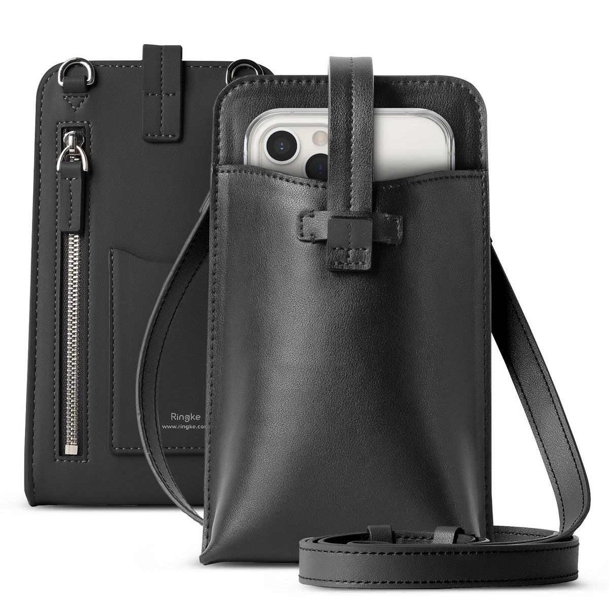 Mini Cross Bag | PU Leather - Black leather crossbody phone pouch with a strap, featuring a front pocket and a zippered back.