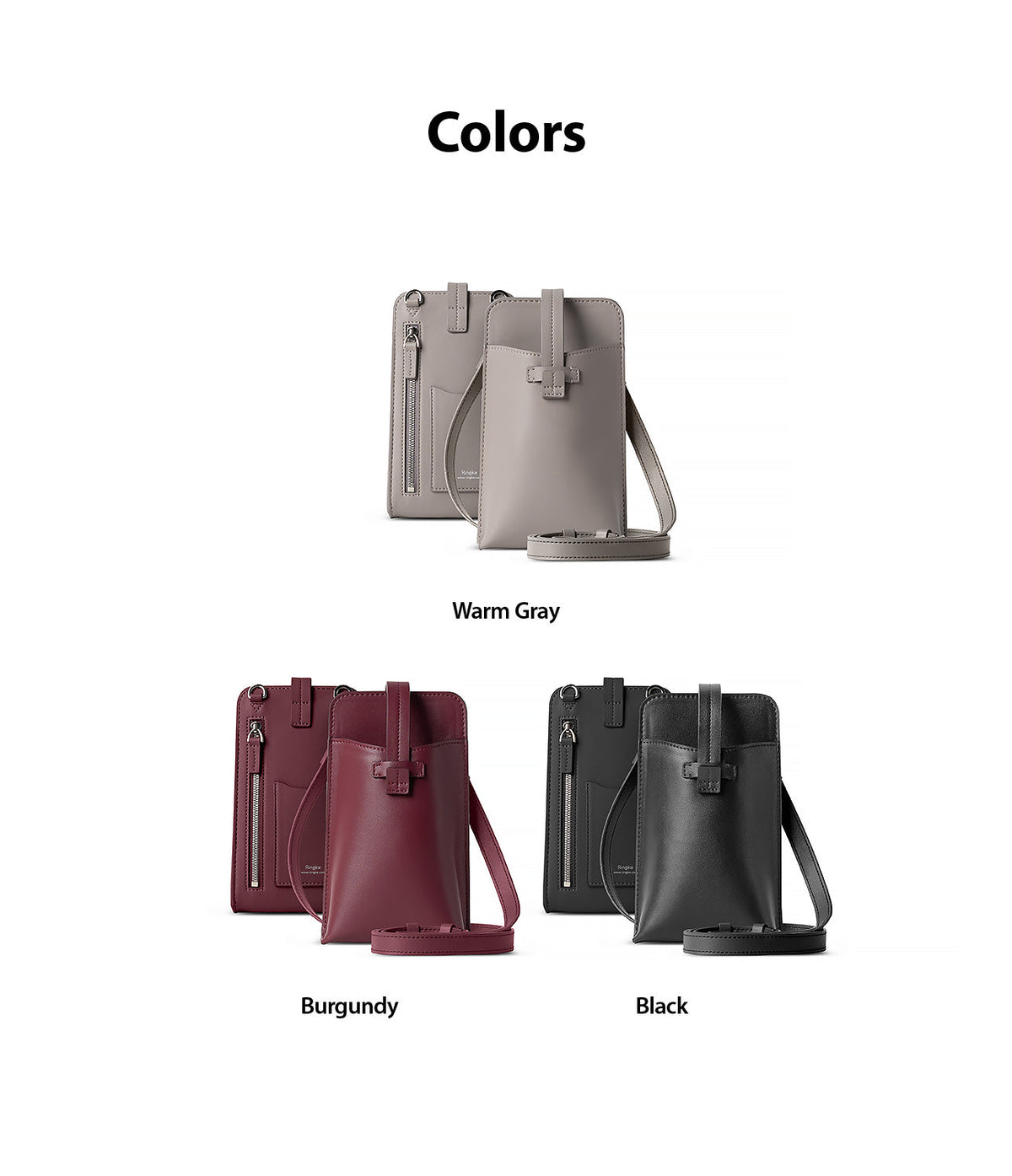 Mini Cross Bag | PU Leather - Three PU leather mini crossbody bags in warm gray, burgundy, and black with zippered back pockets.