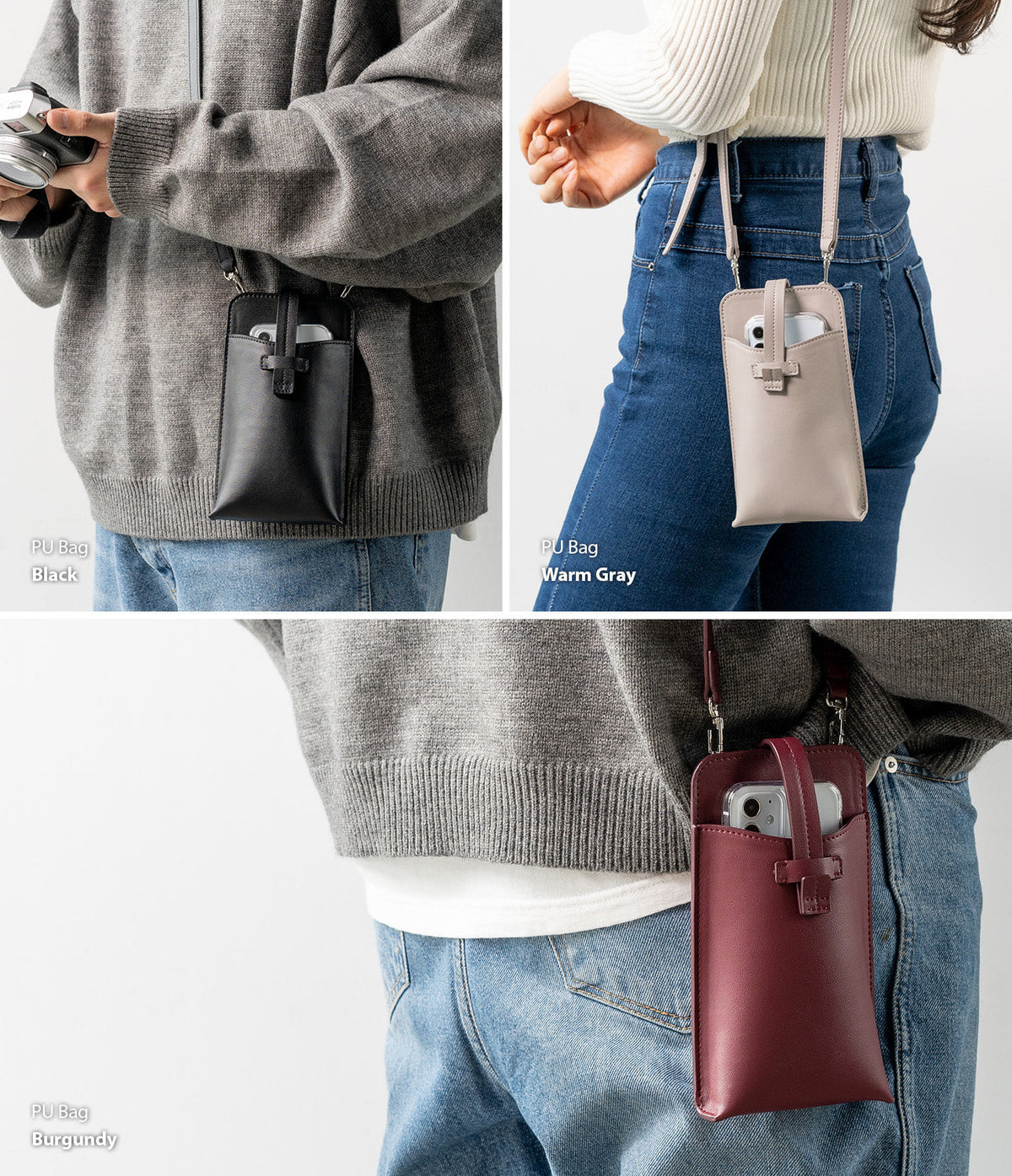 Mini Cross Bag | PU Leather - Three views of a slim PU leather phone bag in black, warm gray, and burgundy worn crossbody.