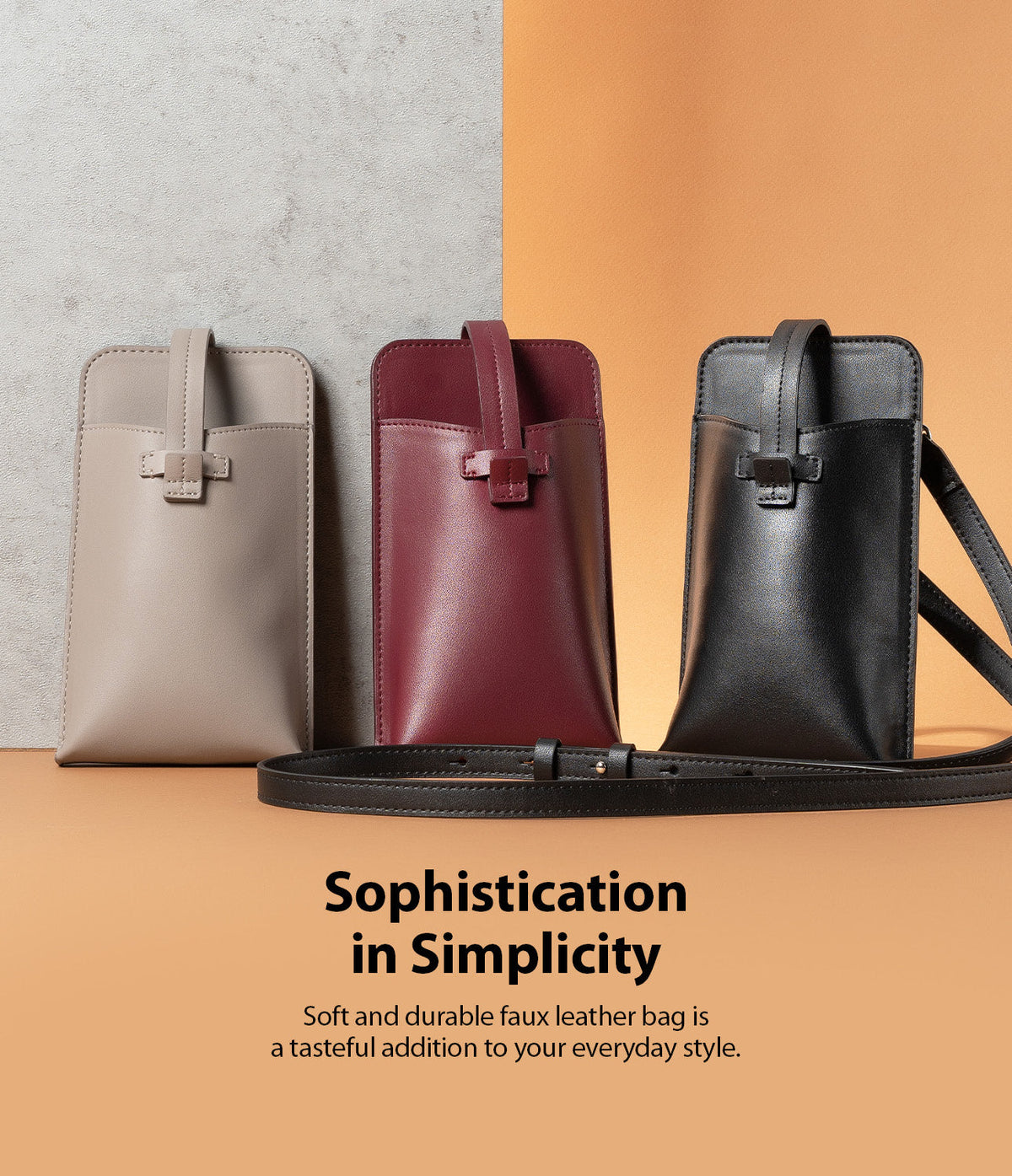 Mini Cross Bag | PU Leather - Three minimalist faux leather crossbody bags in beige, burgundy, and black against a split background.