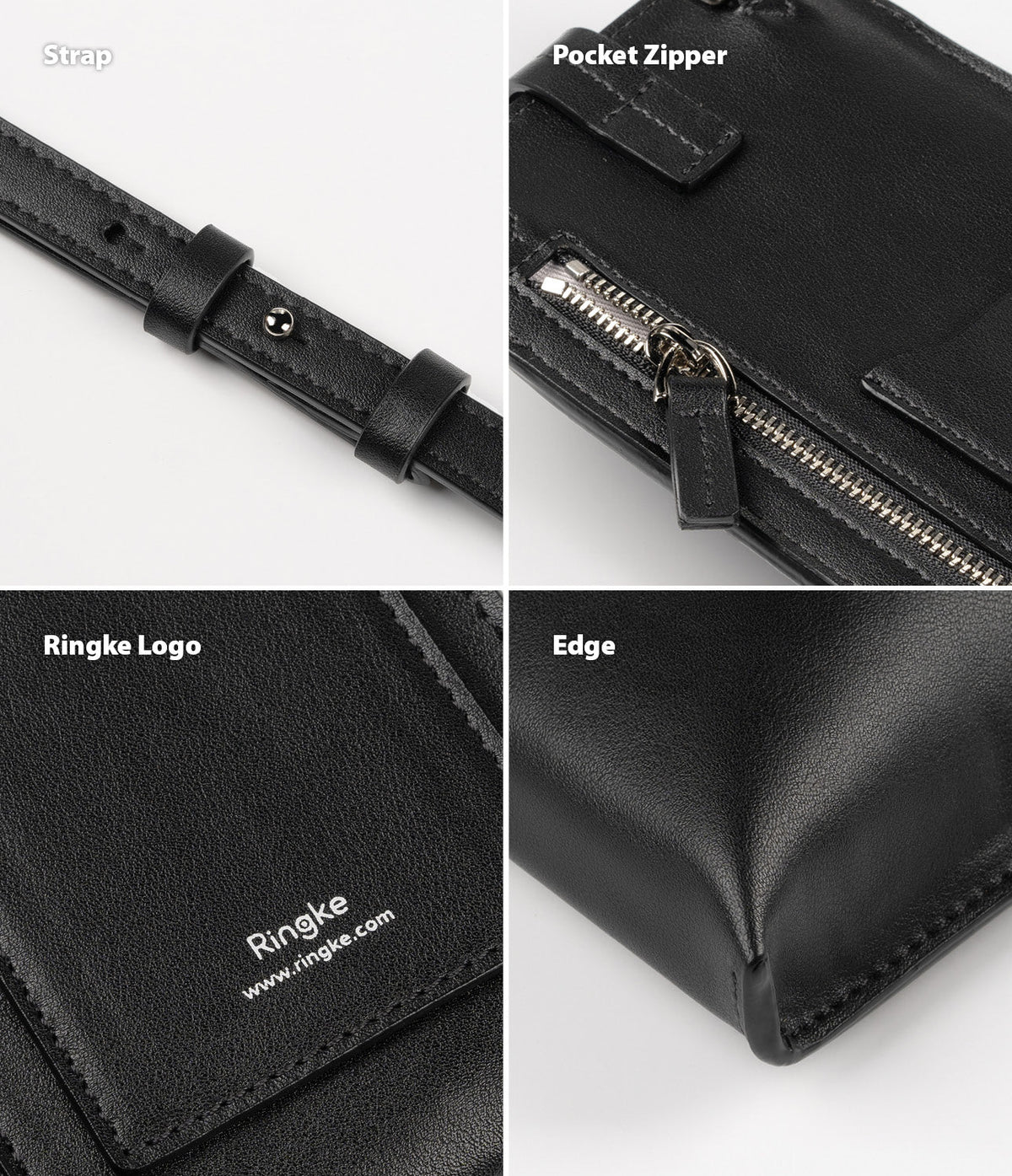 Mini Cross Bag | PU Leather - Four close-up views of a black PU leather bag showing the adjustable strap, zipper, logo, and edge.