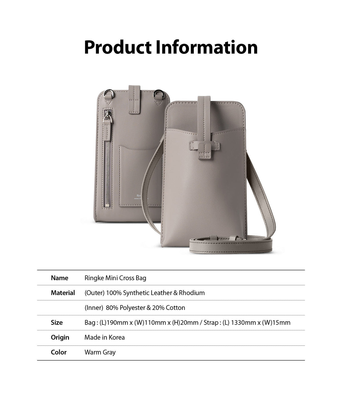 Mini Cross Bag | PU Leather - Two warm gray mini cross-body bags with a strap and product specification table below.