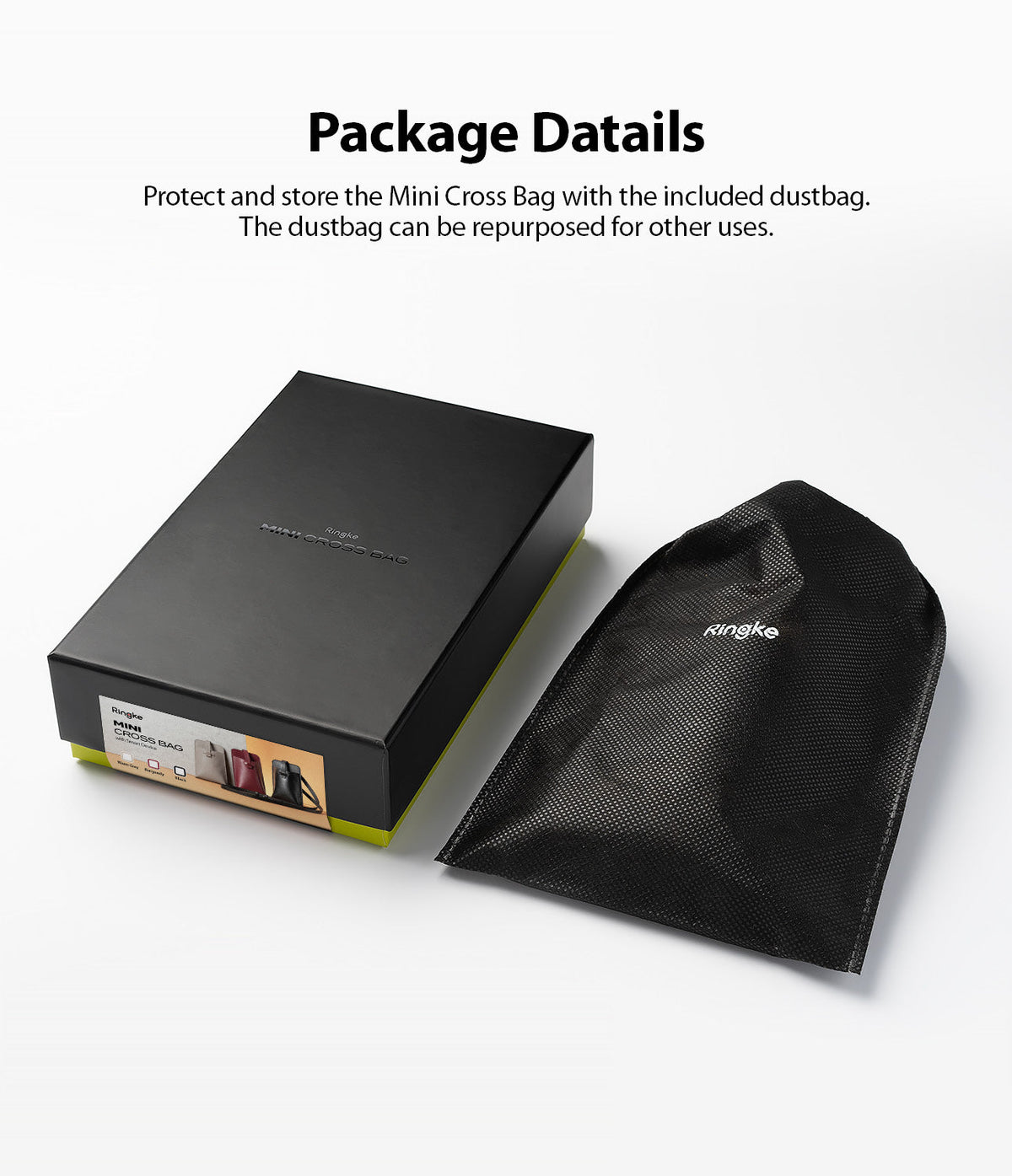 Mini Cross Bag | PU Leather - Mini Cross Bag - Black product box and matching mesh dustbag with Ringke branding on a white background.