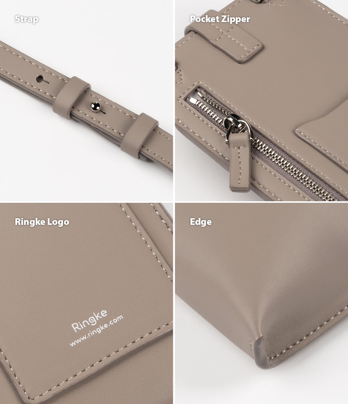 Mini Cross Bag | PU Leather - Four close-up views of a taupe PU leather bag showing the strap, zipper, logo, and edge.