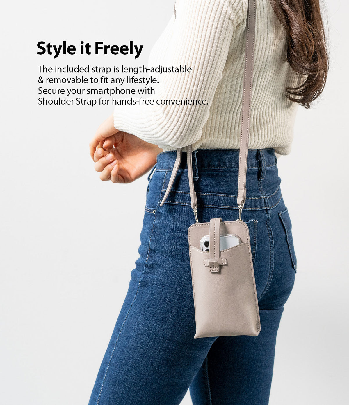 Mini Cross Bag | PU Leather - Woman wearing a beige PU leather smartphone crossbody bag with an adjustable strap.