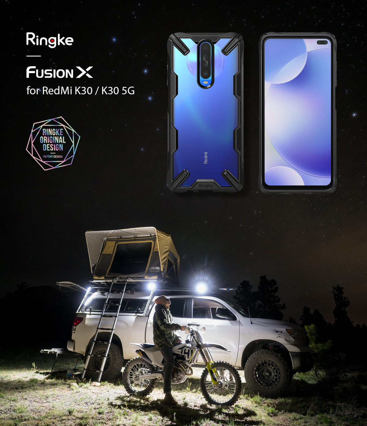 Redmi K30 Case | Fusion-X - Redmi K30 phone in a black Fusion-X case shown against a starry night sky and outdoor adventure scene.