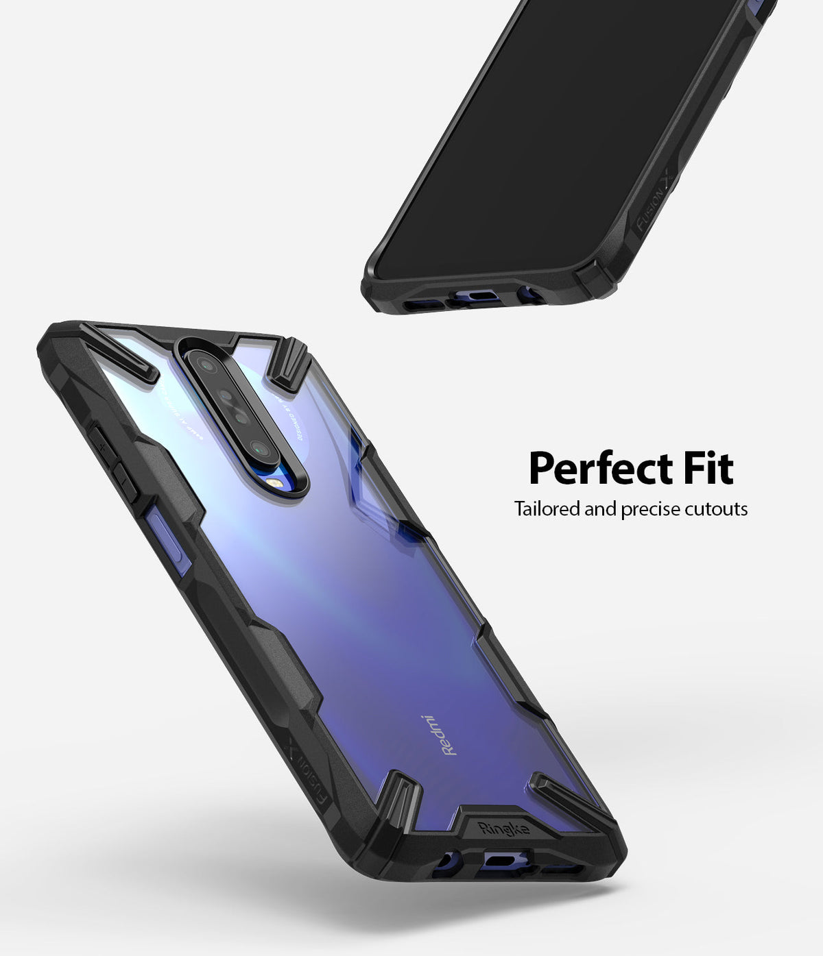 Redmi K30 Case | Fusion-X - Black rugged protective case with a clear back panel showing a blue Redmi phone and precise cutouts.