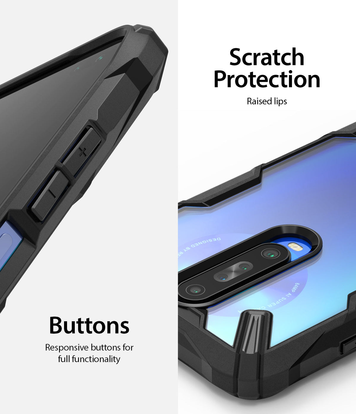 Redmi K30 Case | Fusion-X - Close-up of black phone case showing responsive side buttons and raised camera lens protection.